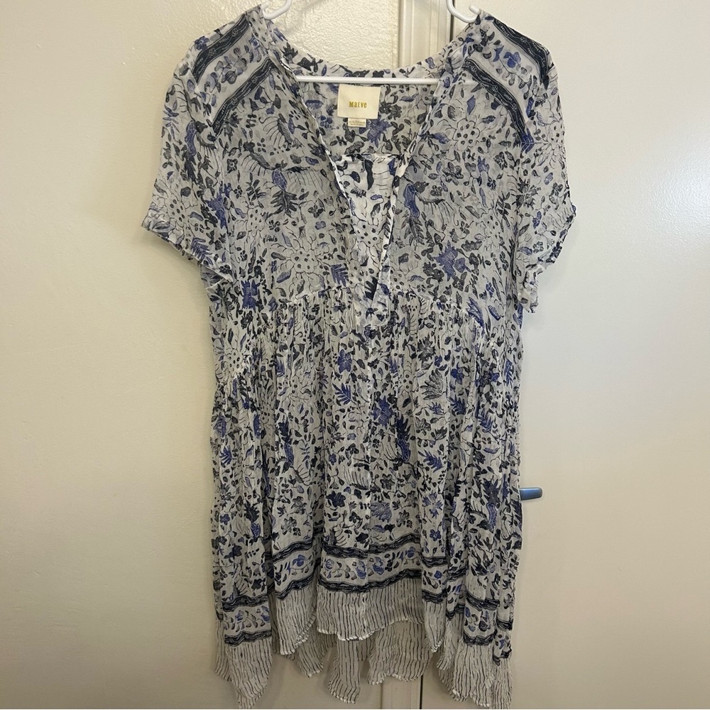 Maeve Anthropologie Canna Sheer Swing Dress Blue Floral Size 10